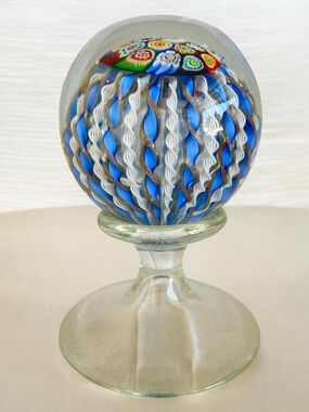 Stunning Murano Latticino blue white Millefiori Paper weight in pedestal 6”